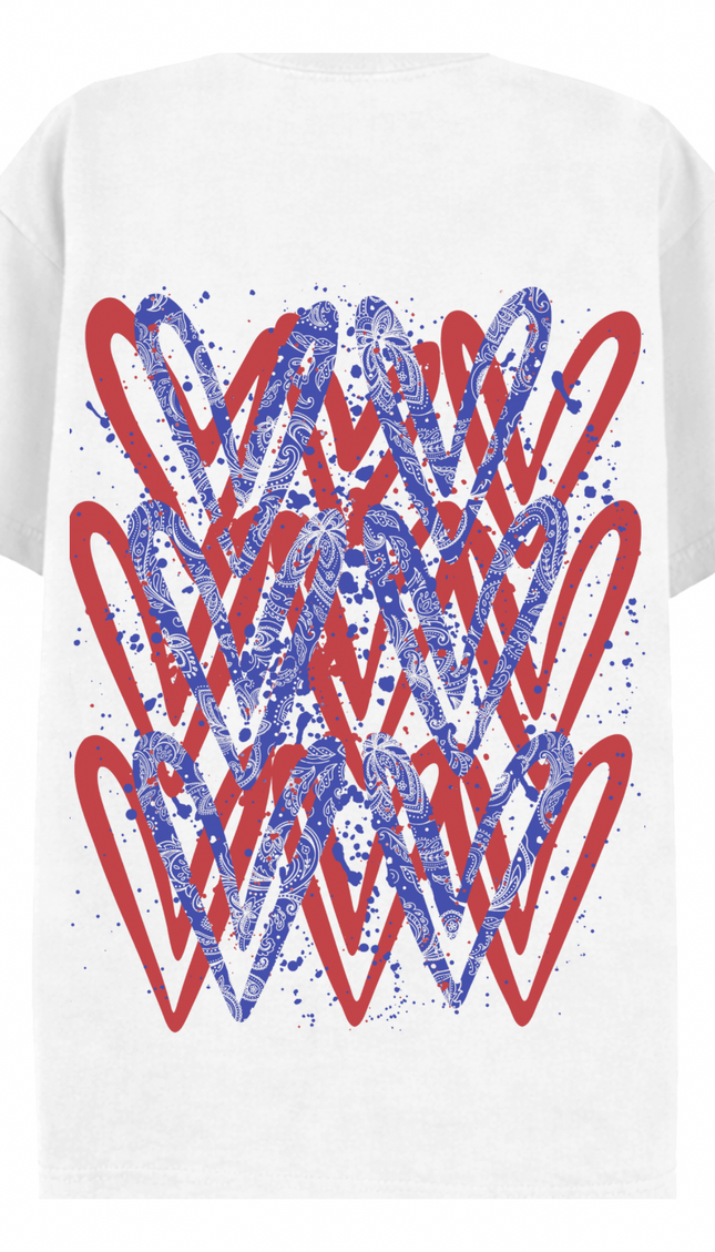 Red/Royal Blue Paisley graffiti heart T-shirt with spray paint effect print – women's T-shirt by Miss Runway