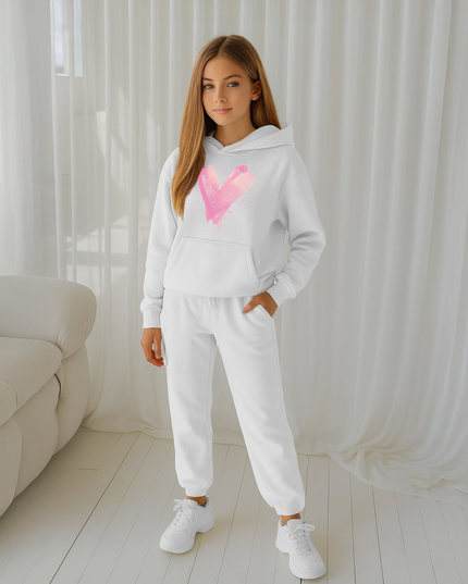 Pink Scattered Hearts Printed Hooded Tracksuit Kids