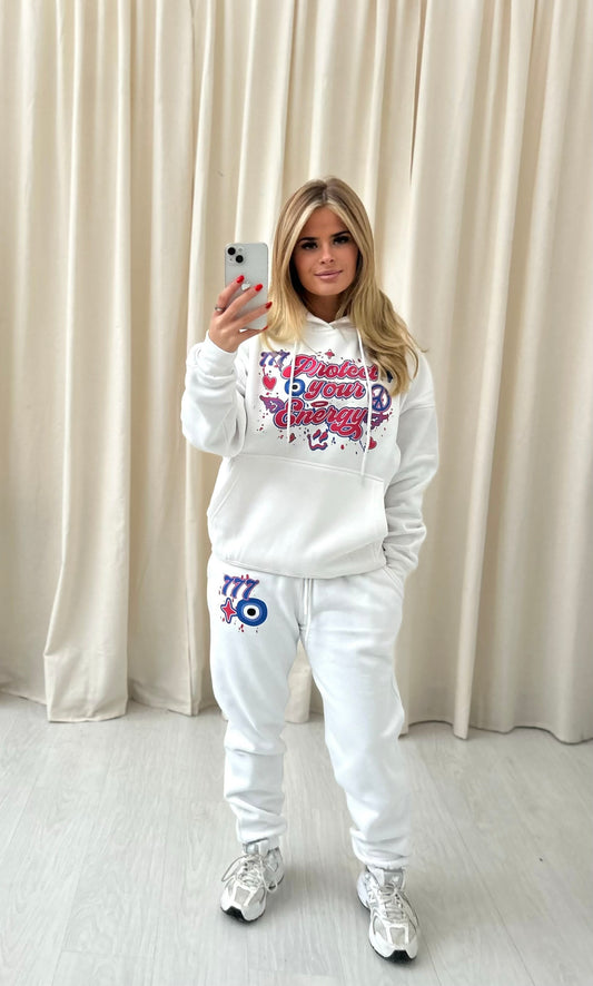 Angel Numbers Protect Your Energy Graffiti Hooded Tracksuit White-Red/Blue