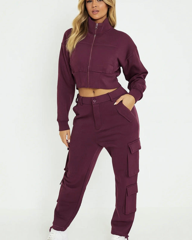 Cropped Zip Up Sweatshirt & Cargo Trouser Tracksuit Burgundy