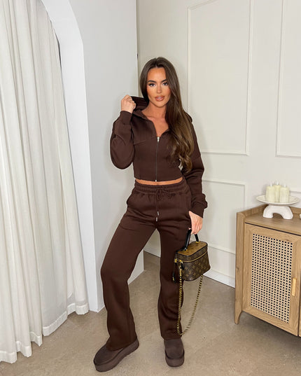 Cropped Zip Up Hood Sweatshirt & Wide Leg Trouser Tracksuit Chocolate Brown