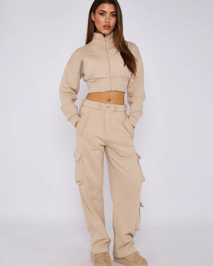 Cropped Zip Up Sweatshirt & Cargo Trouser Tracksuit Beige