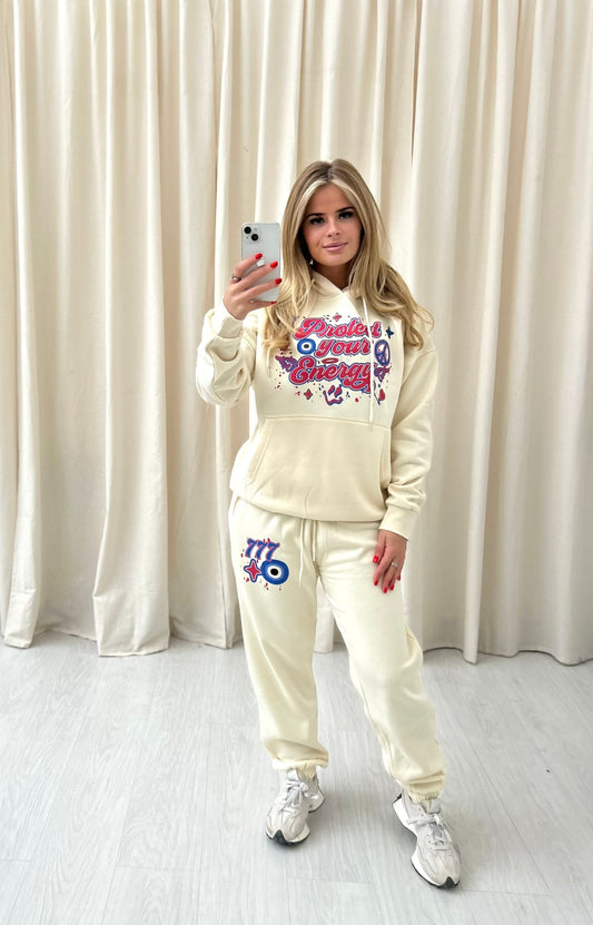 Angel Numbers Protect Your Energy Graffiti Hooded Tracksuit Cream-Red/Blue