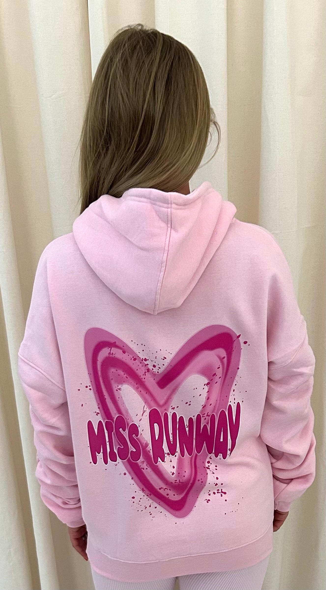 Miss Runway Pink Heart Graffiti Ruched Hoodie Pink