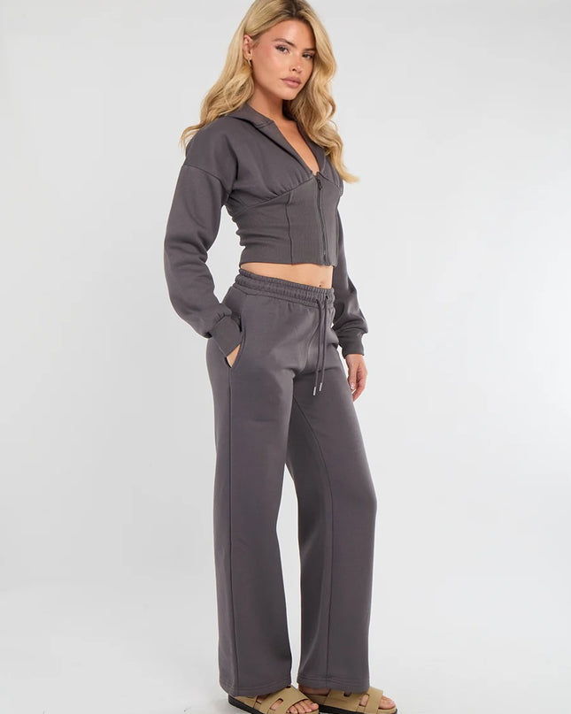 Cropped Zip Up Hood Sweatshirt & Wide Leg Trouser Tracksuit Charcoal