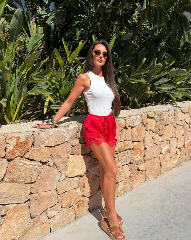 Satin Shorts With Lace Edge Red (Pre order 30th July)