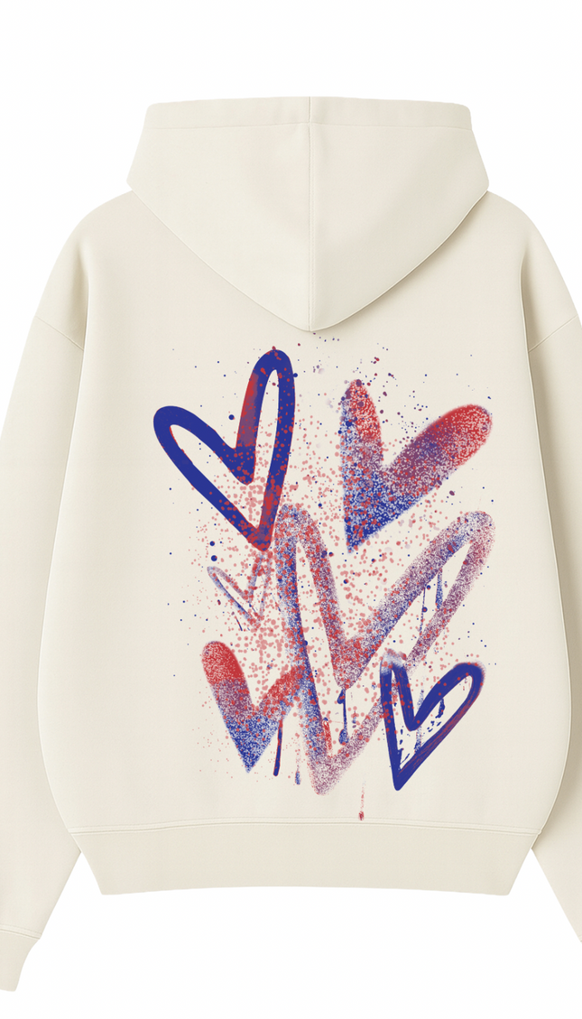 Red/Royal Scatter graffiti heart hoodie with spray paint effect print – women's hoodie by Miss Runway