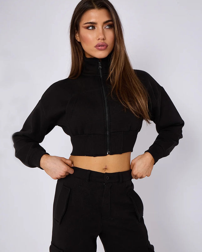 Cropped Zip Up Sweatshirt & Cargo Trouser Tracksuit Black