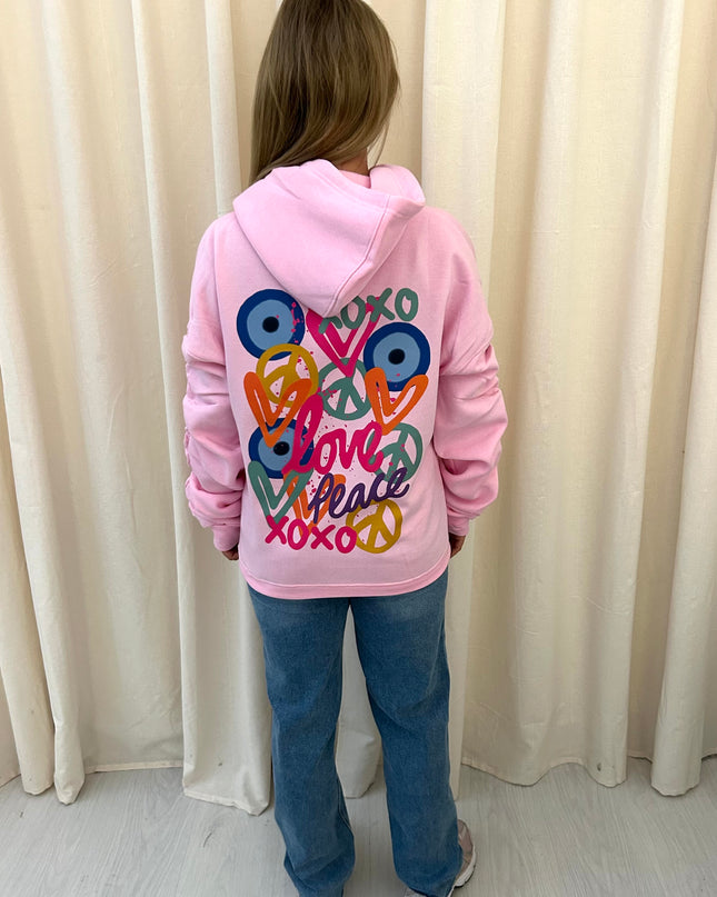 XOXO Graffiti Ruched Hoodie Pink