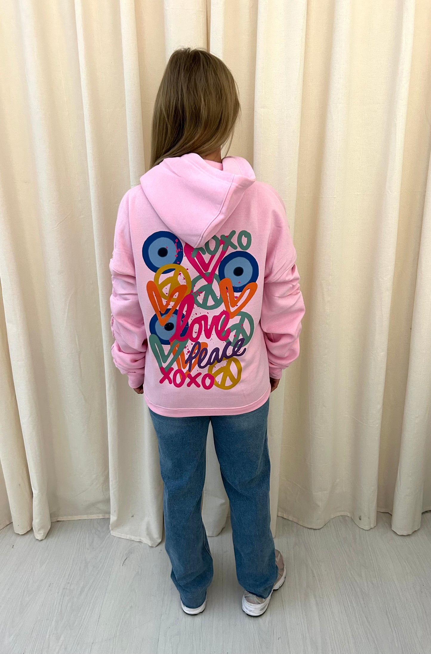 XOXO Graffiti Ruched Hoodie Pink