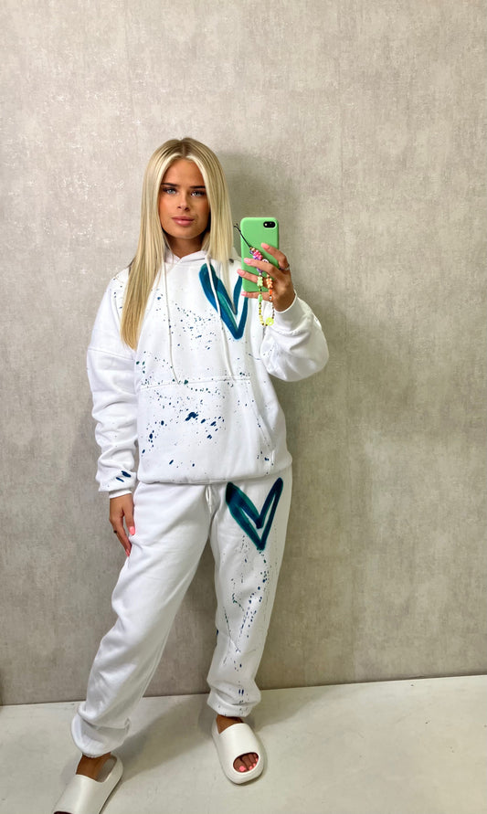 Teal Heart Sprayed White Hooded Tracksuit