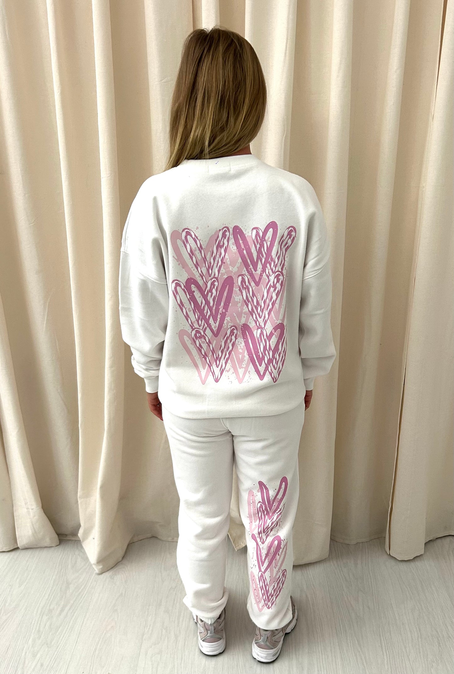 Baby Pink Candy Cane Heart Graffiti Hooded Sweatshirt Tracksuit White