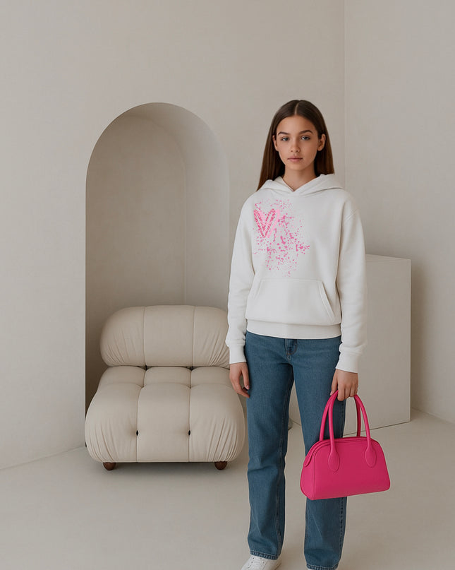 Pink Zig Zag Heart Printed Hoodie