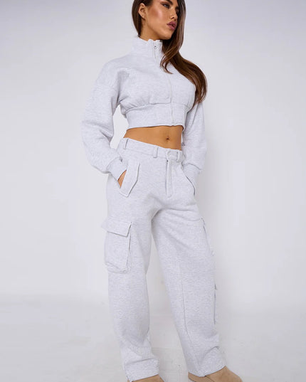 Cropped Zip Up Sweatshirt & Cargo Trouser Tracksuit Ash Grey