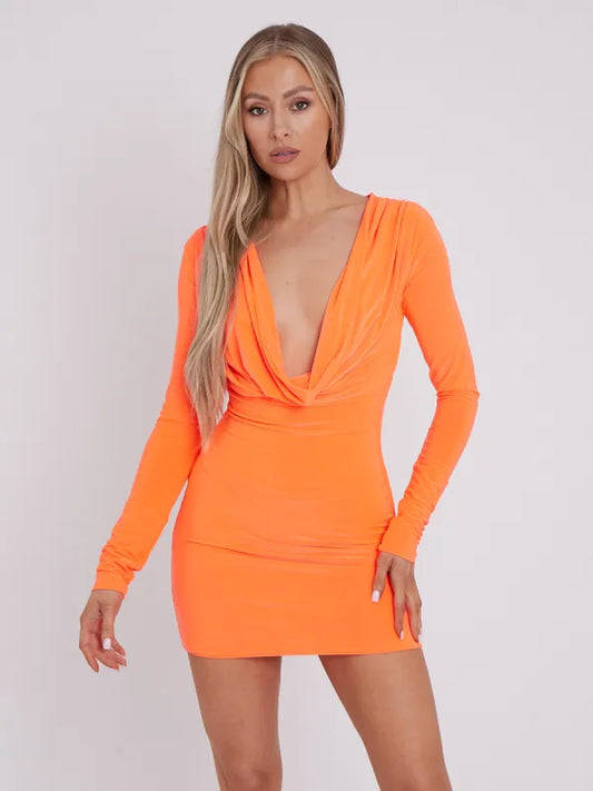 Orange Draped Cowl Neck Slinky Dress