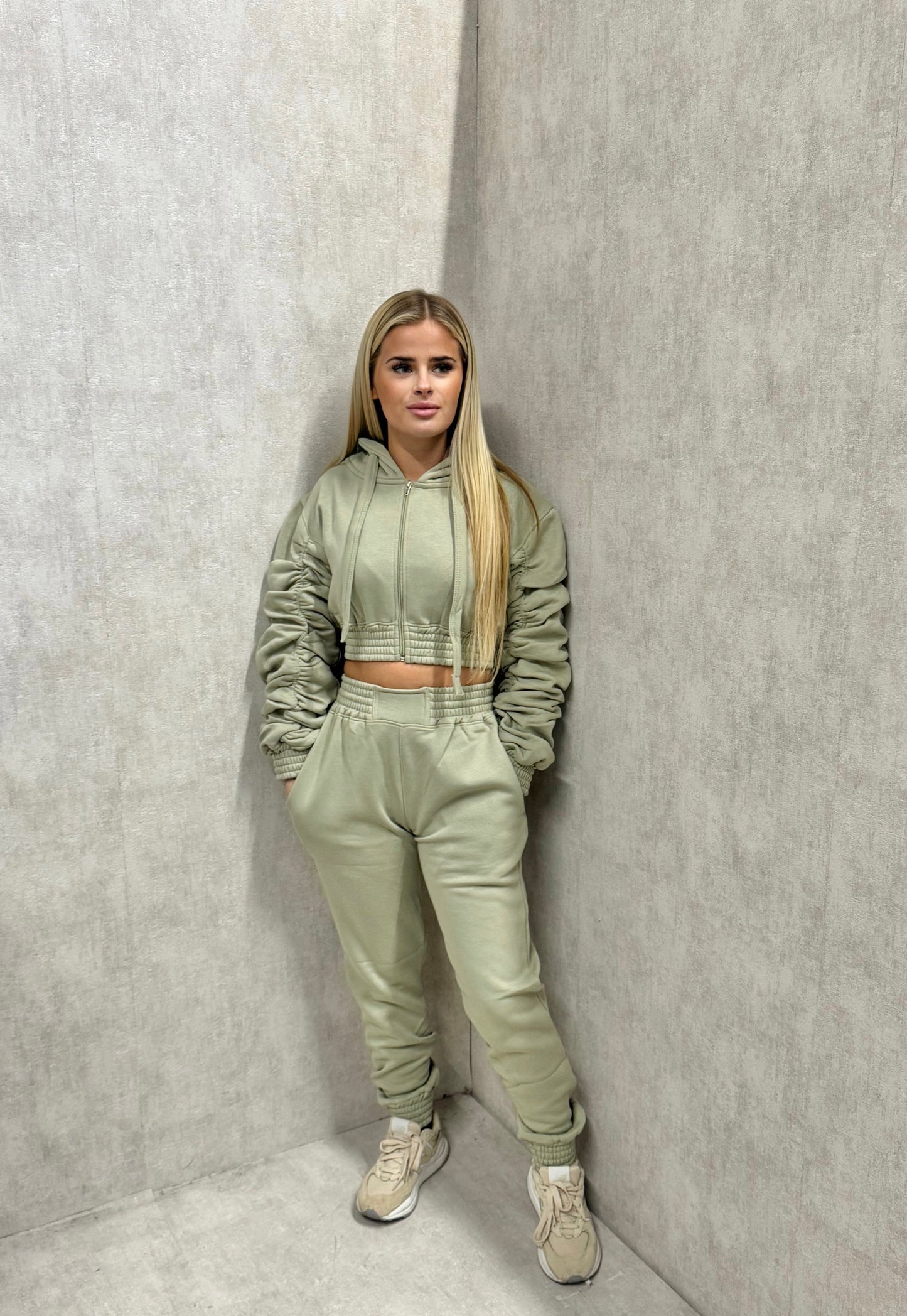 Cropped Ruched Hooded Tracksuit Sage Green