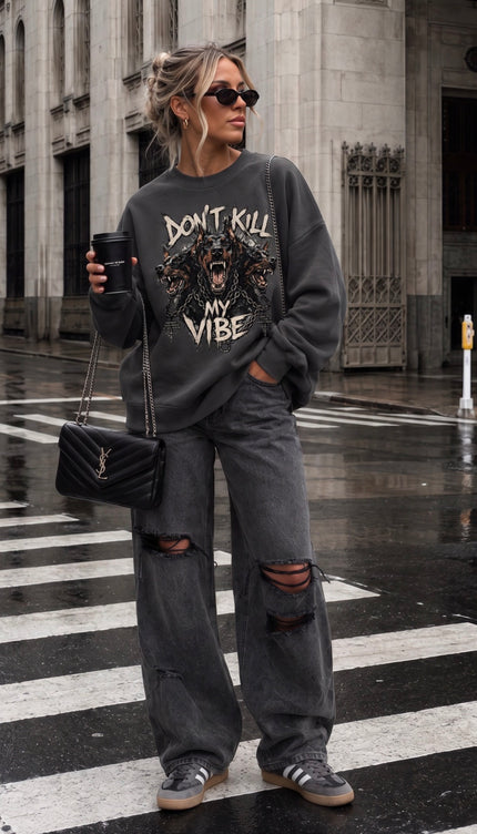 Don't Kill My Vibe Charcoal Sweatshirt – adult printed sweatshirt by Miss Runway