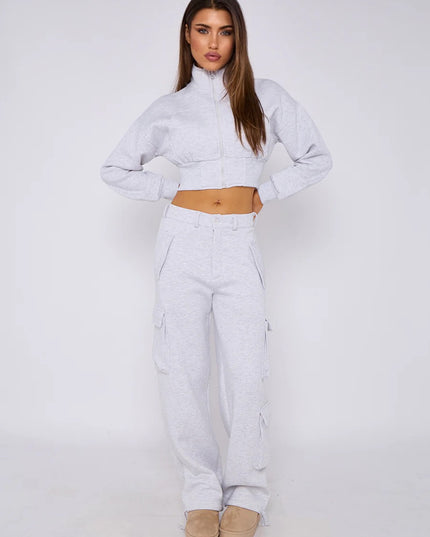 Cropped Zip Up Sweatshirt & Cargo Trouser Tracksuit Ash Grey