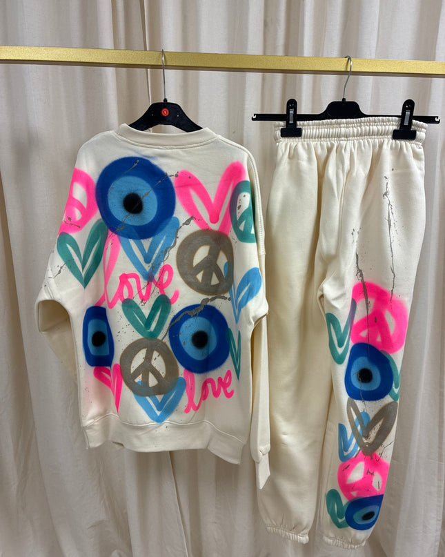 Neon Pink Love, Peace, Evil Eye Spray Painted Sweatshirt Tracksuit Adult