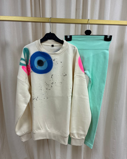 Neon Pink Love,Peace, Evil Eye Sweatshirt Legging Set Adults