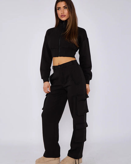 Cropped Zip Up Sweatshirt & Cargo Trouser Tracksuit Black