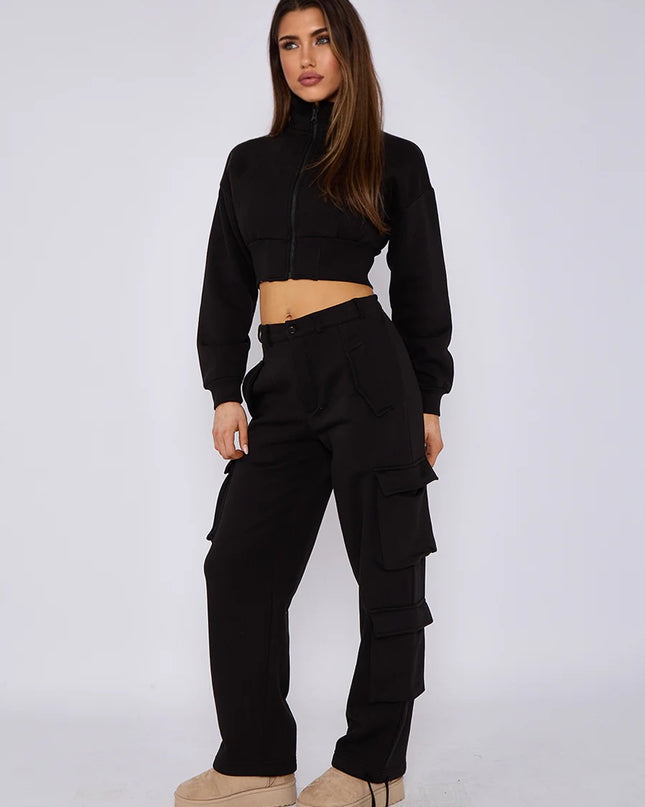 Cropped Zip Up Sweatshirt & Cargo Trouser Tracksuit Black