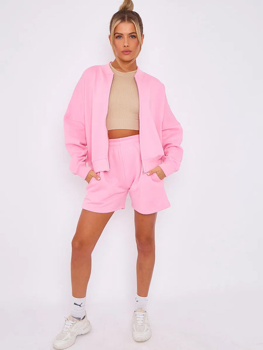 Oversized Bomber Style Fleece Zipper & Shorts Co-ord Pink