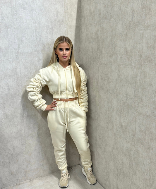 Cropped Ruched Hooded Tracksuit Cream