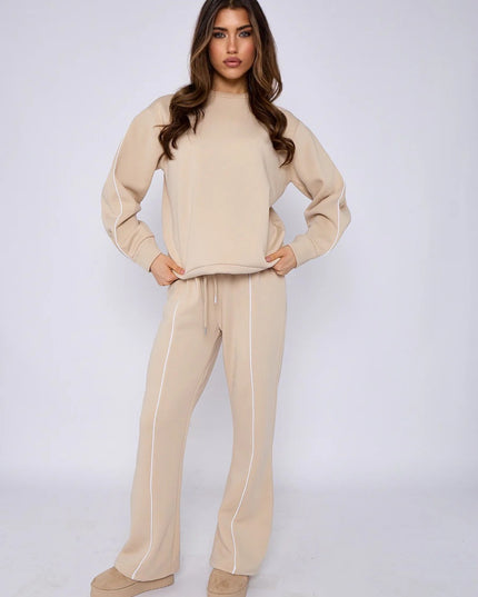 Piping Sweatshirt & Jogger Set Beige