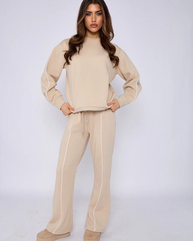 Piping Sweatshirt & Jogger Set Beige