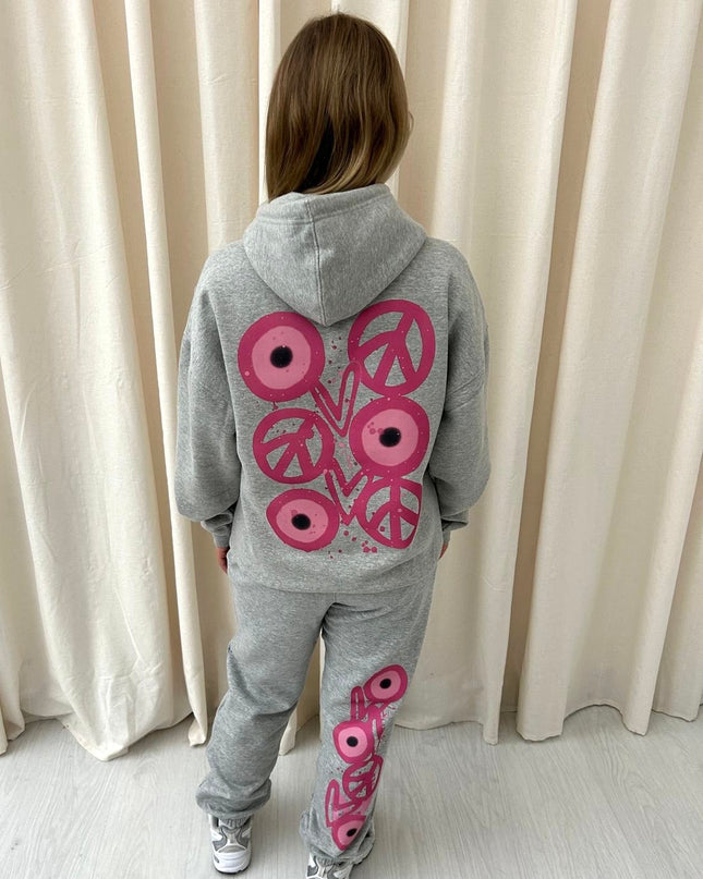 Pink Evil Eye, Peace, Heart Graffiti Hooded Tracksuit Grey