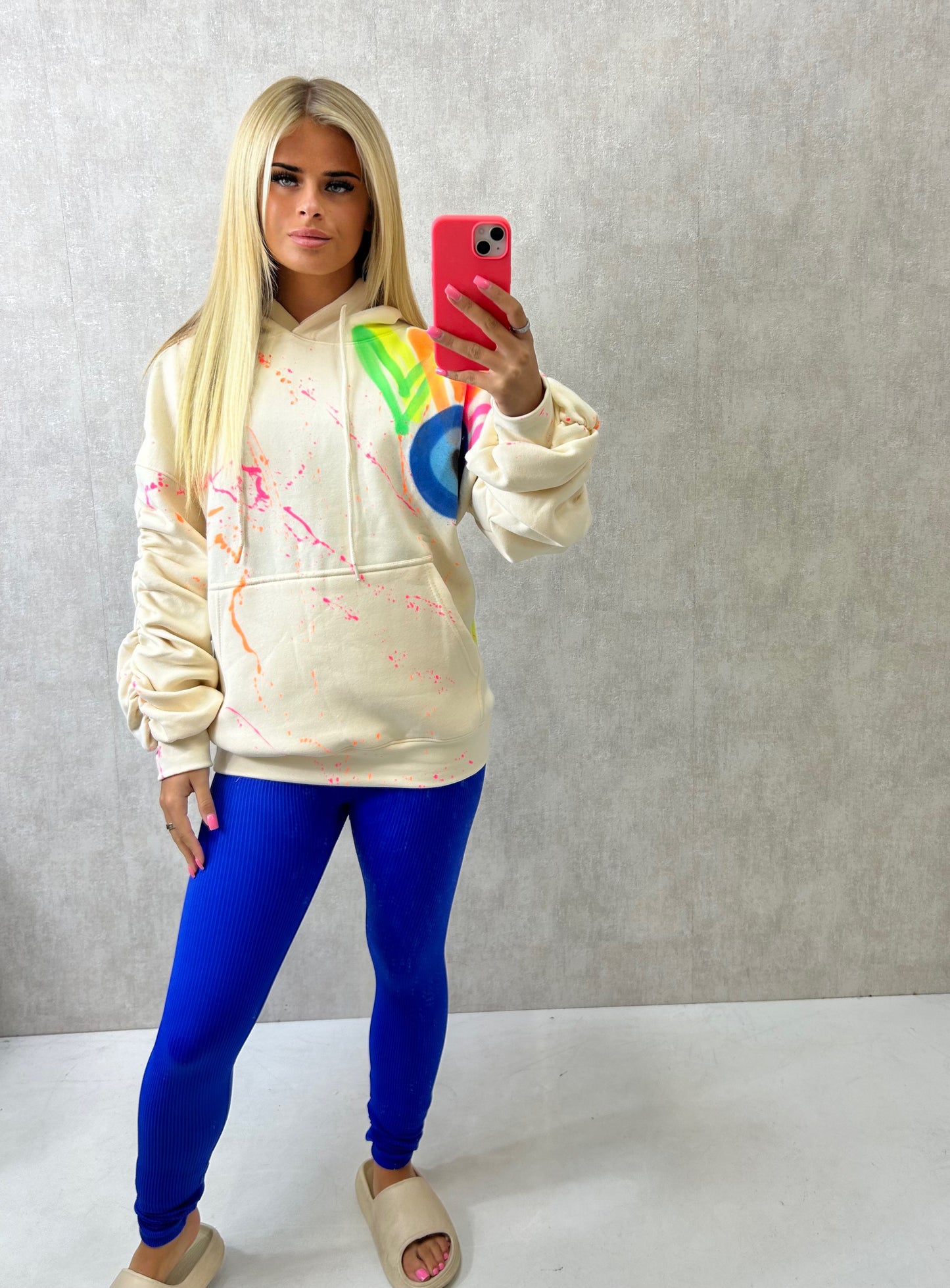Neon Heart/Evil Eye Sprayed Ruched Hoodie And Royal Blue Legging Set
