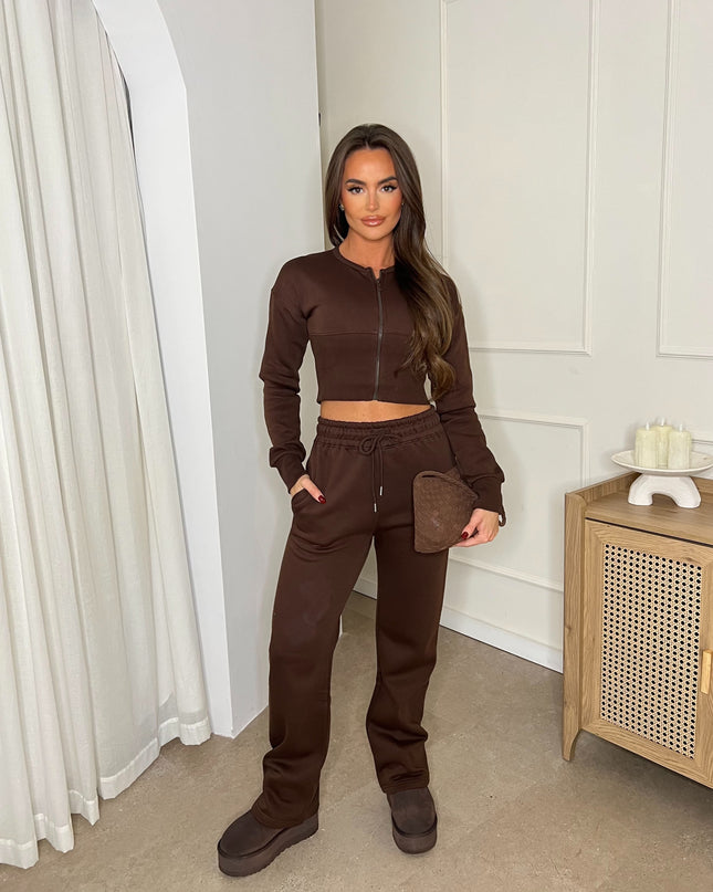 Cropped Zip Up Sweatshirt & Wide Leg Trouser Tracksuit Brown