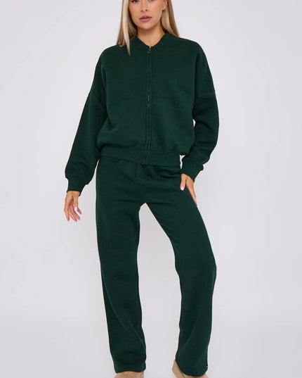 Oversized Bomber Style Fleece Zipper Co-ord Forest Green