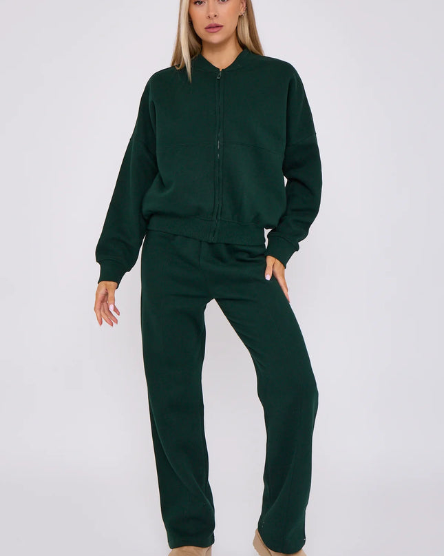 Oversized Bomber Style Fleece Zipper Co-ord Forest Green