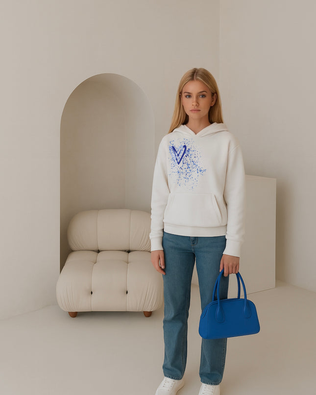 Royal Blue Zig Zag Heart Printed Hoodie