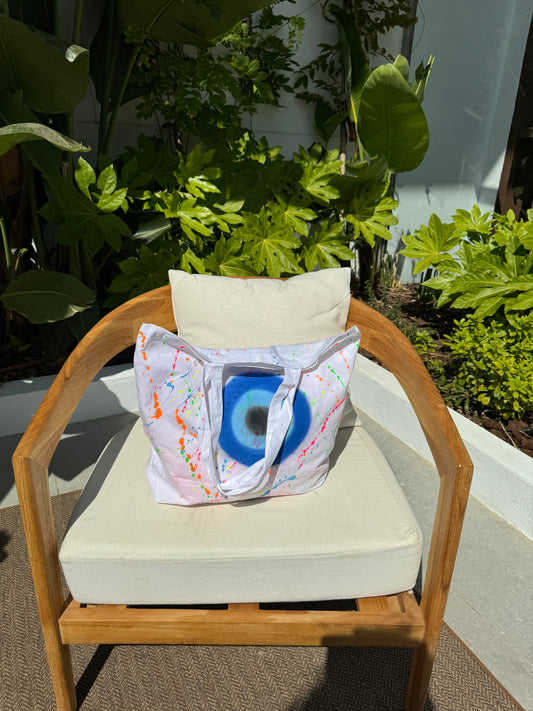 Evil Eye/Neon Splash Sprayed White Lightweight Tote Bag