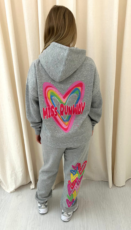 Miss Runway Multicolour Heart Graffiti Hooded Tracksuit Grey
