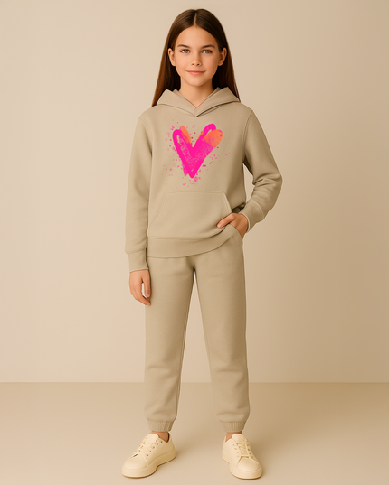 Neon Pink/Orange Scattered Hearts Printed Hooded Tracksuit Kids