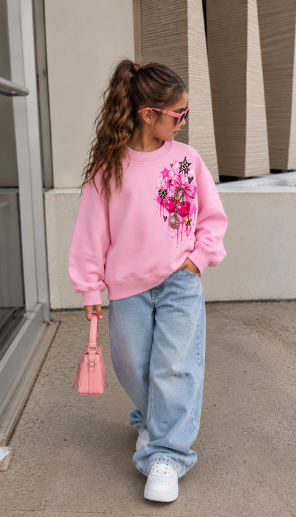 Front of the Pink Cherry Sparkle kids' sweatshirt in pink with a pink bow and flower cluster with a leopard heart and star on the chest – Miss Runway