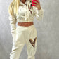 Brown Heart Cropped Hooded Tracksuit Cream