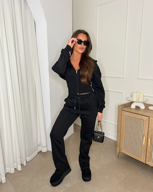 Cropped Zip Up Hood Sweatshirt & Wide Leg Trouser Tracksuit Black