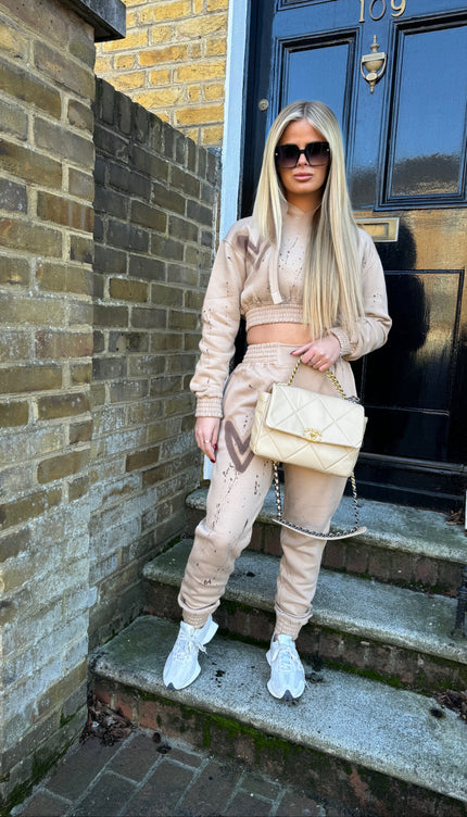 Brown Heart Cropped Hooded Tracksuit Beige