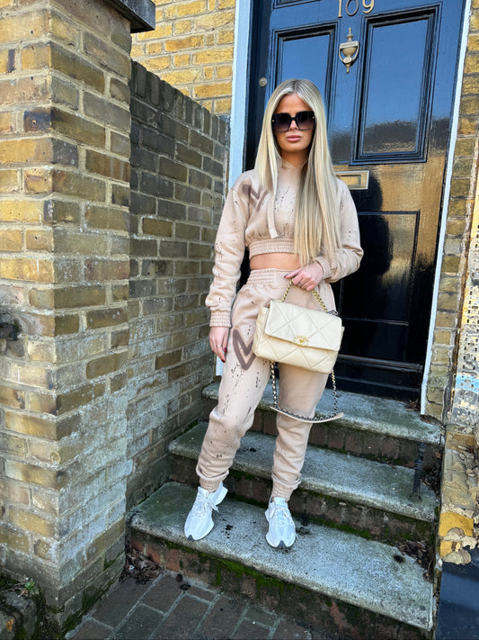 Brown Heart Cropped Hooded Tracksuit Beige