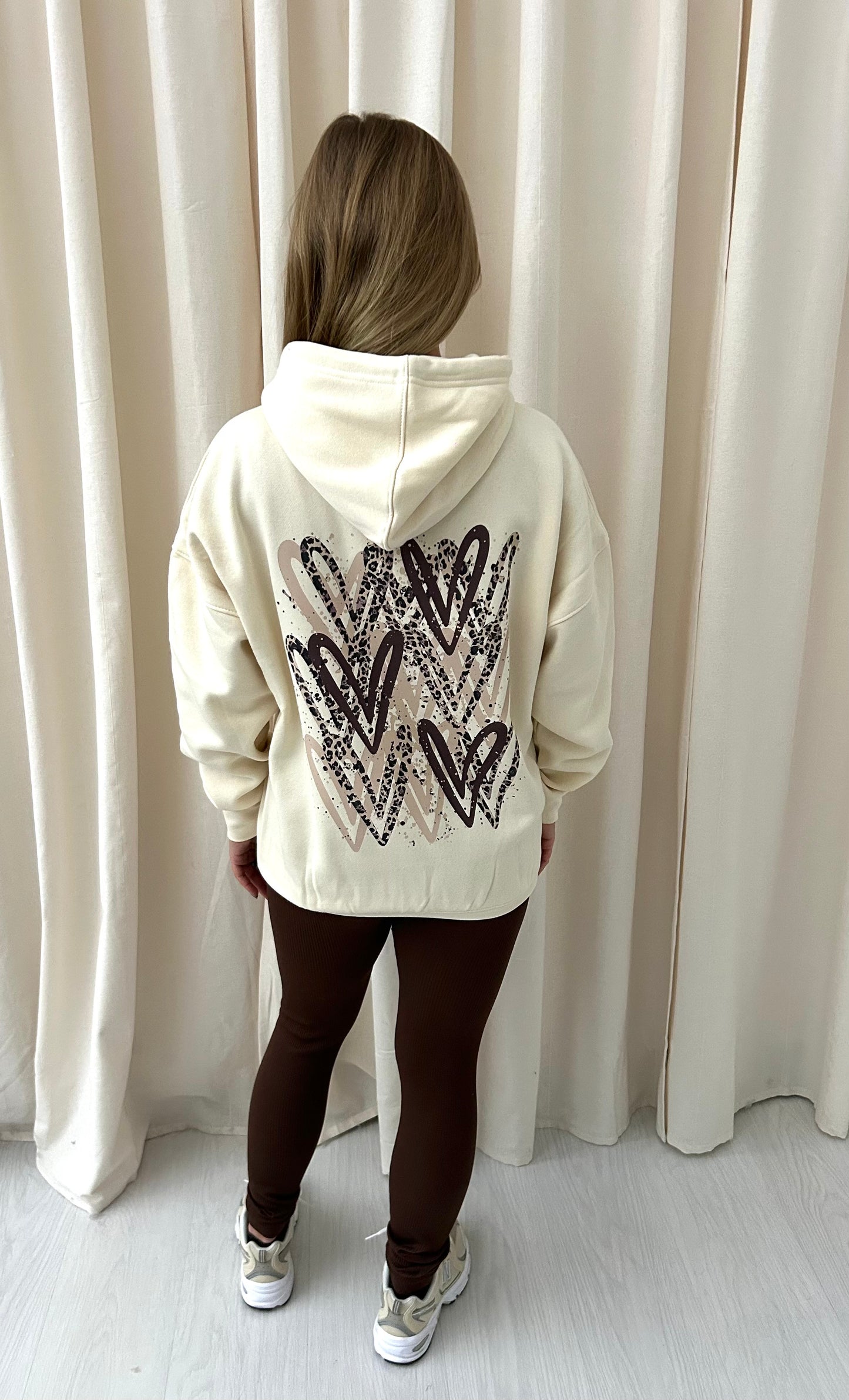 Brown Leopard Print Heart Graffiti Hoodie And Legging Set Cream