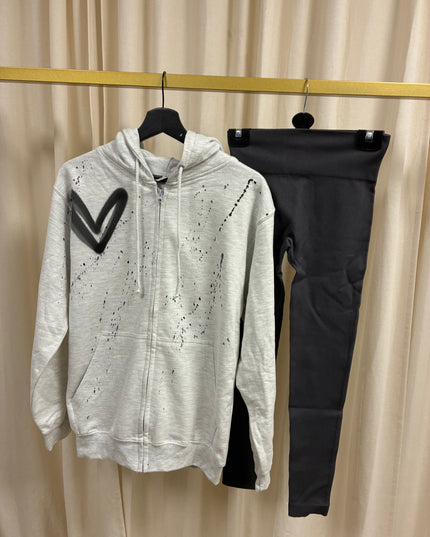 Charcoal Grey Hearts Spray Painted Zip Up Ash Grey Hoodie & Leggings Adults