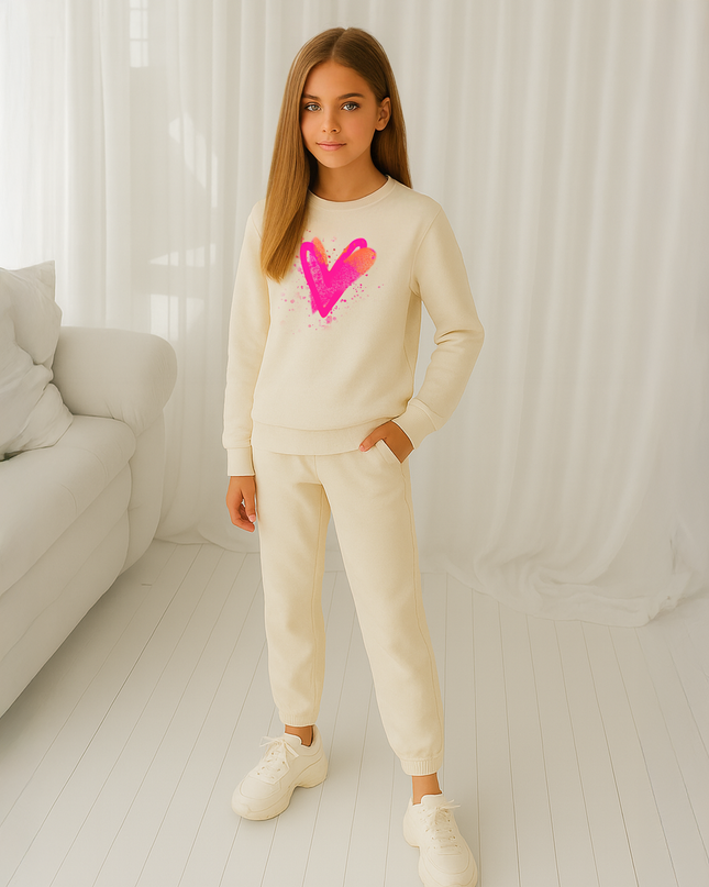 Neon Pink/Orange Scatter Hearts Printed Sweatshirt Tracksuit Kids