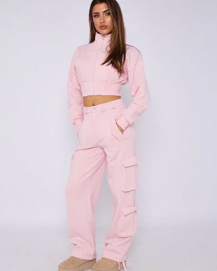 Cropped Zip Up Sweatshirt & Cargo Trouser Tracksuit Pink