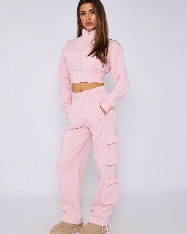 Cropped Zip Up Sweatshirt & Cargo Trouser Tracksuit Pink