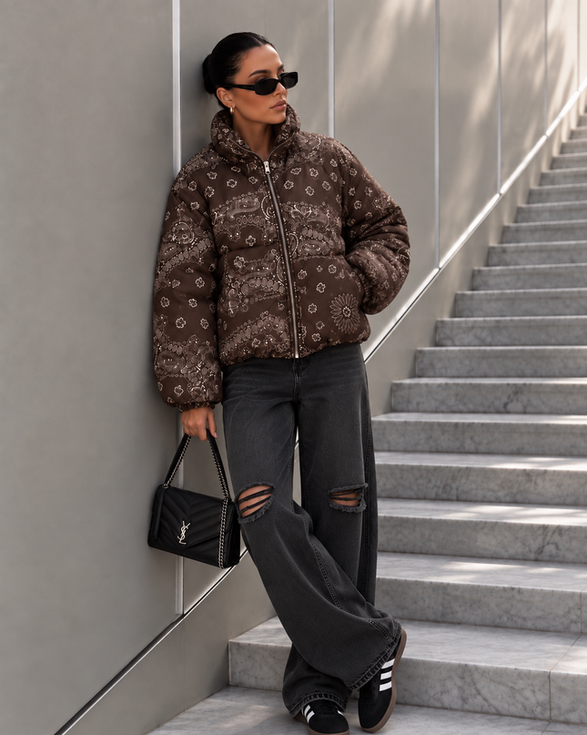 Paisley Puffer Jacket in Brown – women's one size puffer coat by Miss Runway